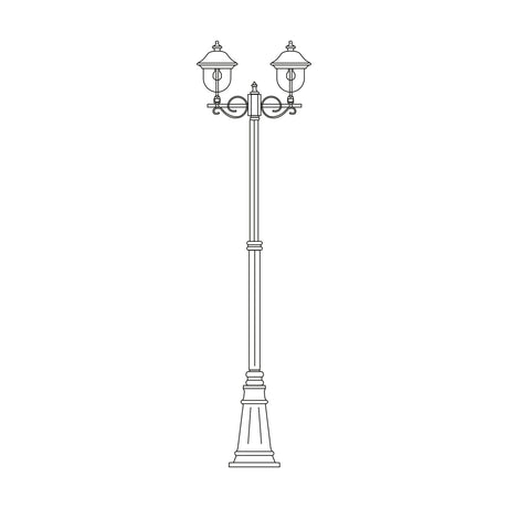 Volute cast aluminium outdoor lamp post, 256cm column with 2 scrolled-bracket lanterns and cast plinth base, traditional style, line drawing on white background.