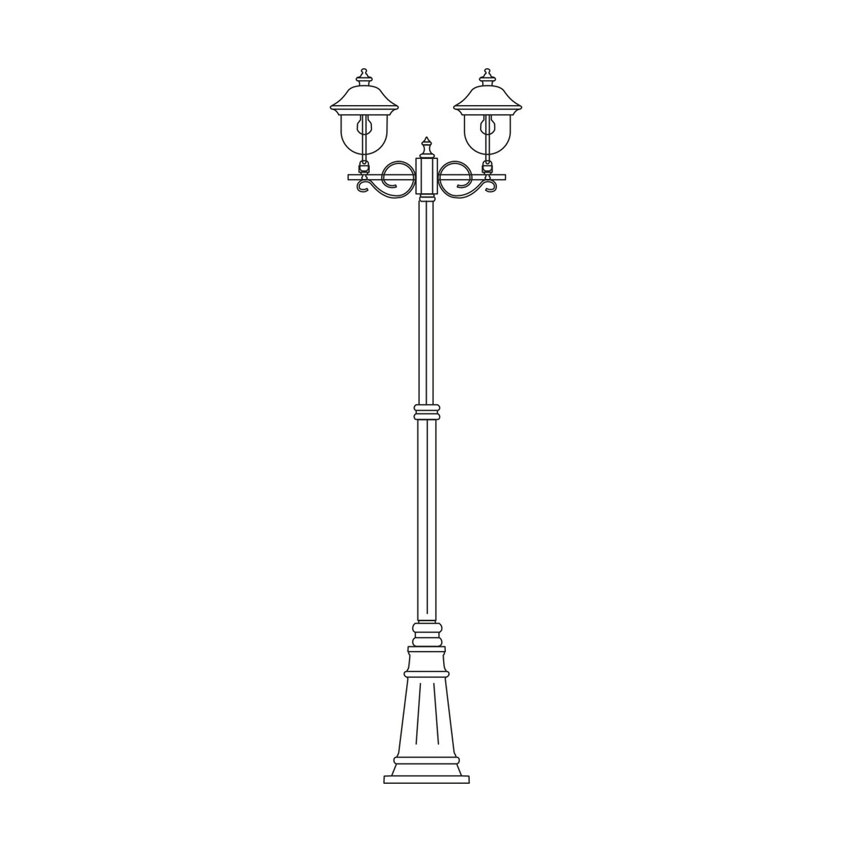 Volute 256cm outdoor lamp post line drawing with 2 lantern heads, scrolled brackets, cast plinth base, traditional style, on plain white background.