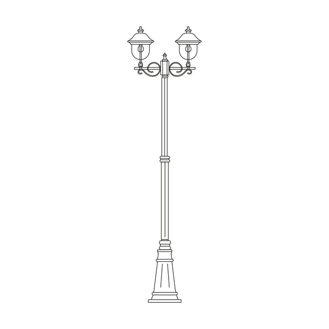 Volute 256cm outdoor lamp post line drawing with 2 lantern heads, scrolled brackets, cast plinth base, traditional style, on plain white background.