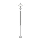 Volute cast aluminium outdoor lamp post, 126-191cm, single lantern head with domed roof, clear polycarbonate lens, fluted column on stepped base, line-drawing style, white background.