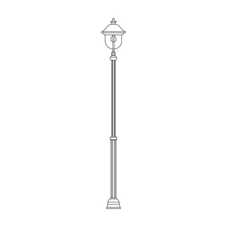 Volute cast aluminium outdoor lamp post, 126-191cm, single lantern head with domed roof, clear polycarbonate lens, fluted column on stepped base, line-drawing style, white background.