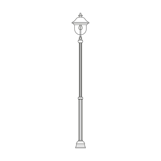 Volute cast aluminium outdoor lamp post, 126-191cm, single lantern head with domed roof, clear polycarbonate lens, fluted column on stepped base, line-drawing style, white background.