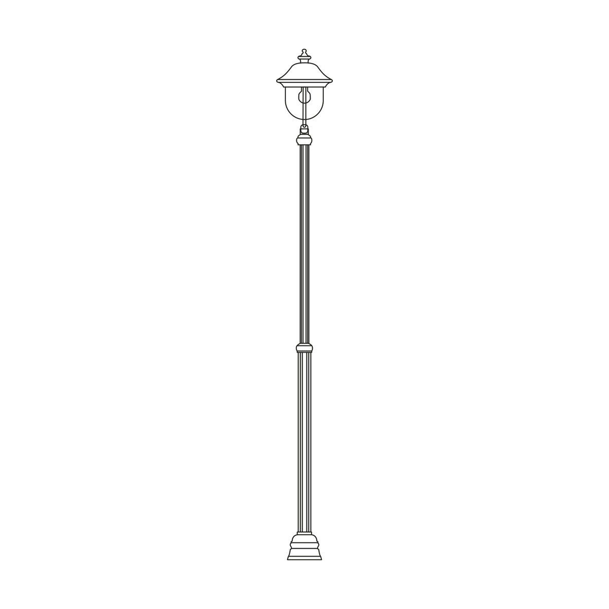 Volute cast aluminium outdoor lamp post, 145-229cm adjustable column with a single lantern head and clear polycarbonate lens, shown in traditional style on a plain white background.