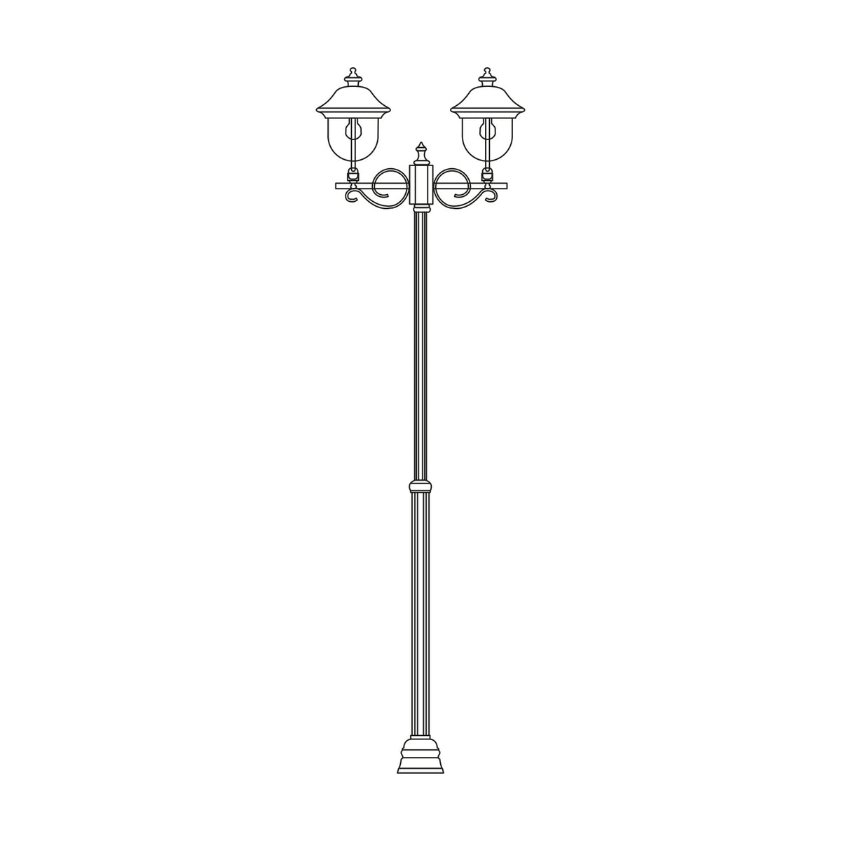 Volute outdoor lamp post with tall aluminium column and scrolled brackets holding two lantern heads with copper-topped roofs, shown on a plain white background.