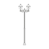 Volute outdoor lamp post with tall aluminium column and scrolled brackets holding two lantern heads with copper-topped roofs, shown on a plain white background.