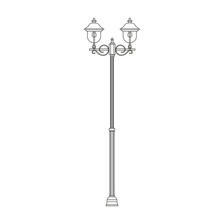 Volute outdoor lamp post with tall aluminium column and scrolled brackets holding two lantern heads with copper-topped roofs, shown on a plain white background.