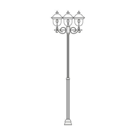 Volute 3-light outdoor lamp post with scrolled brackets and copper-top lantern shades on a tall traditional cast column, shown in black against a plain white background.
