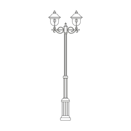 Line drawing of the Volute 2-light outdoor lamp post, 151-216cm fluted column with scrolled brackets, dome lantern heads and stepped base, on a plain white background.