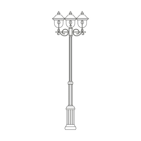 Volute Copper Top Outdoor Adjustable 3 Light Lamp Post, tall cast column with scrolled brackets holding three lantern heads with domed copper-finish roofs, shown on a plain white background.