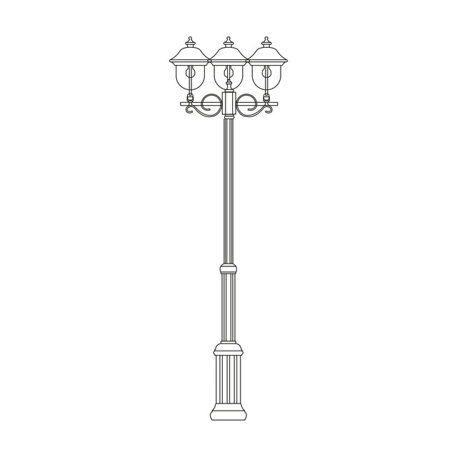 Volute Copper Top Outdoor Adjustable 3 Light Lamp Post, tall cast column with scrolled brackets holding three lantern heads with domed copper-finish roofs, shown on a plain white background.
