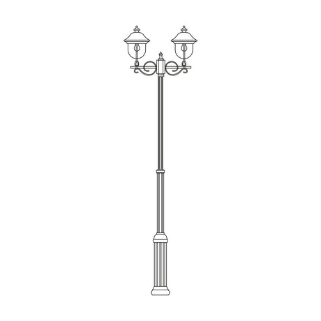 Volute Outdoor 2-Light Lamp Post with scrolled brackets and copper-top lanterns on a fluted column, traditional style, shown on a plain white background.