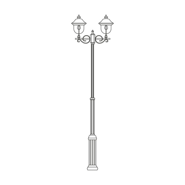 Volute Outdoor 2-Light Lamp Post with scrolled brackets and copper-top lanterns on a fluted column, traditional style, shown on a plain white background.