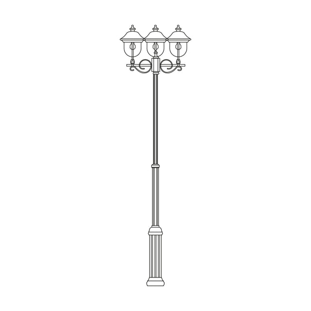 Volute Copper Top Outdoor Adjustable 3 Light Lamp Post, a tall traditional column with three domed lanterns and scrolled brackets, shown in line-art outline on a plain white background.