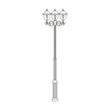 Volute cast aluminium outdoor lamp post with a tall fluted column and 3 lantern heads with scrolled brackets and clear polycarbonate lenses, shown in black on a plain white background.