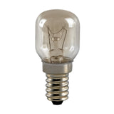 An Eveready 25W non-dimmable oven bulb with an E14 metal screw base, featuring a small, clear incandescent design, is shown against a white background.