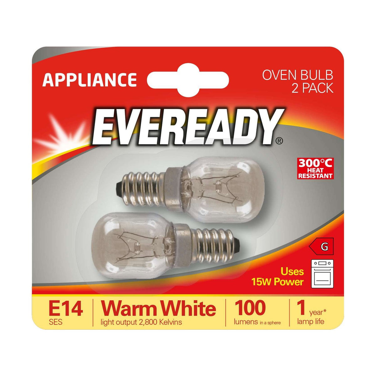 E14 (SES) Oven Bulb 15W 100lm - Warm White 2800K, 2 Pack retail pack
