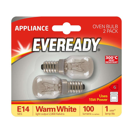 E14 (SES) Oven Bulb 15W 100lm - Warm White 2800K, 2 Pack retail pack