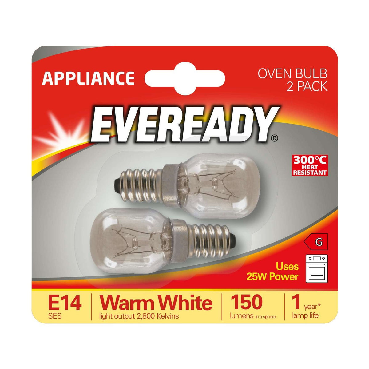 E14 (SES) Oven Bulb 25W 150lm - Warm White 2800K, 2 Pack retail pack