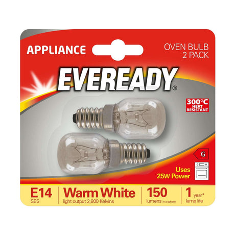 E14 (SES) Oven Bulb 25W 150lm - Warm White 2800K, 2 Pack retail pack