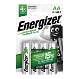 Image of an Energizer Power Plus AA HR6 rechargeable battery 4-pack. The packaging emphasizes 2000mAh, Pre-Charged, Lasts up to 4x Longer, and Made with 15% Recycled Materials, with a smiling battery character on the right side.