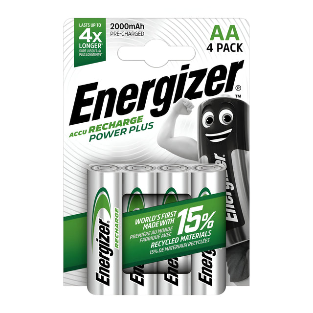 Image of an Energizer Power Plus AA HR6 rechargeable battery 4-pack. The packaging emphasizes 2000mAh, Pre-Charged, Lasts up to 4x Longer, and Made with 15% Recycled Materials, with a smiling battery character on the right side.