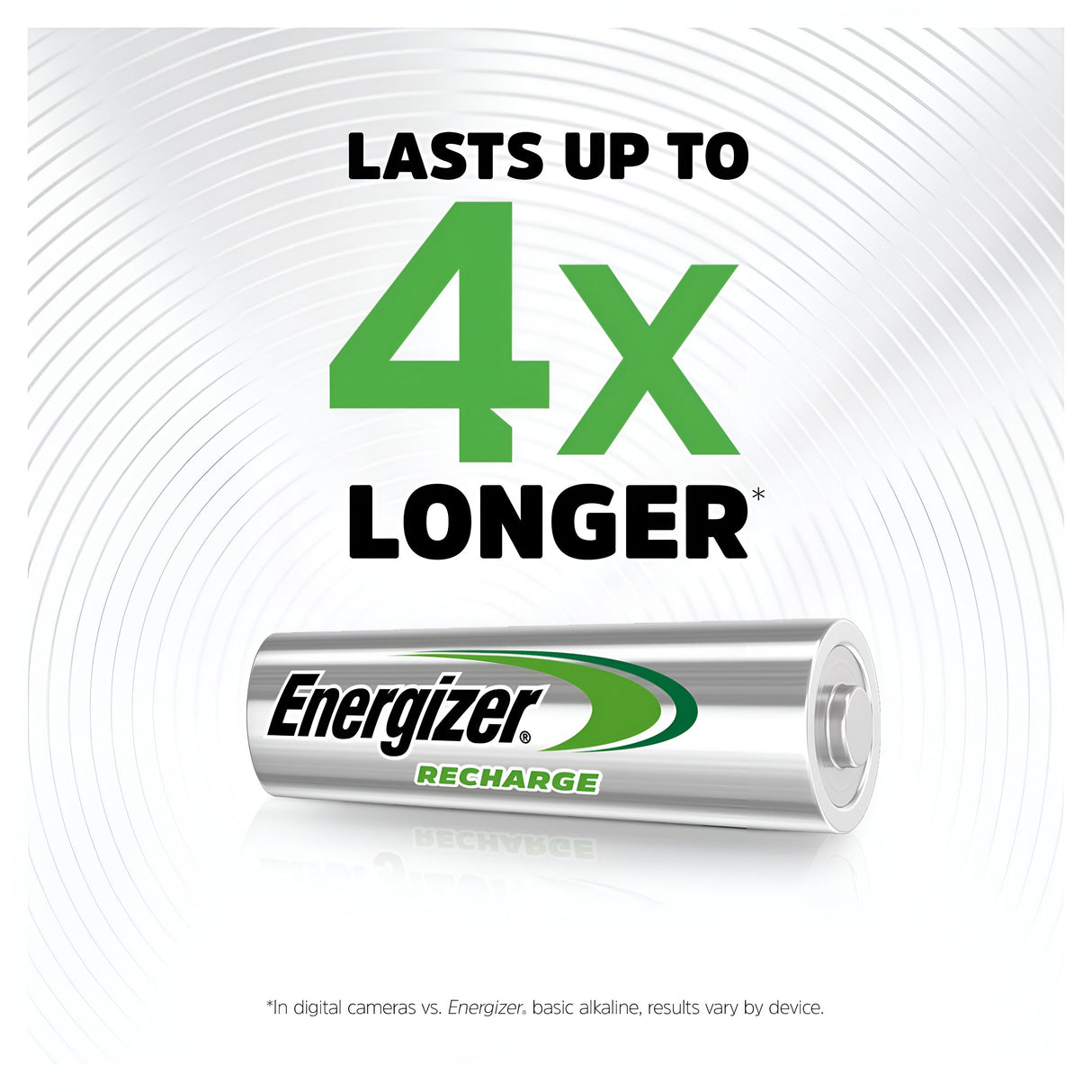 A silver Energizer Power Plus AA HR6 Rechargeable Battery from the 2000mAh (4 Pack) is featured with text above stating "Lasts up to 4x Longer*". The background showcases concentric circular grooves, and a small note below highlights that performance may vary by device. Offering 2000mAh, these batteries are perfect for dependable power.