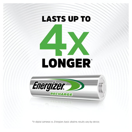 A silver Energizer Power Plus AA HR6 Rechargeable Battery from the 2000mAh (4 Pack) is featured with text above stating "Lasts up to 4x Longer*". The background showcases concentric circular grooves, and a small note below highlights that performance may vary by device. Offering 2000mAh, these batteries are perfect for dependable power.