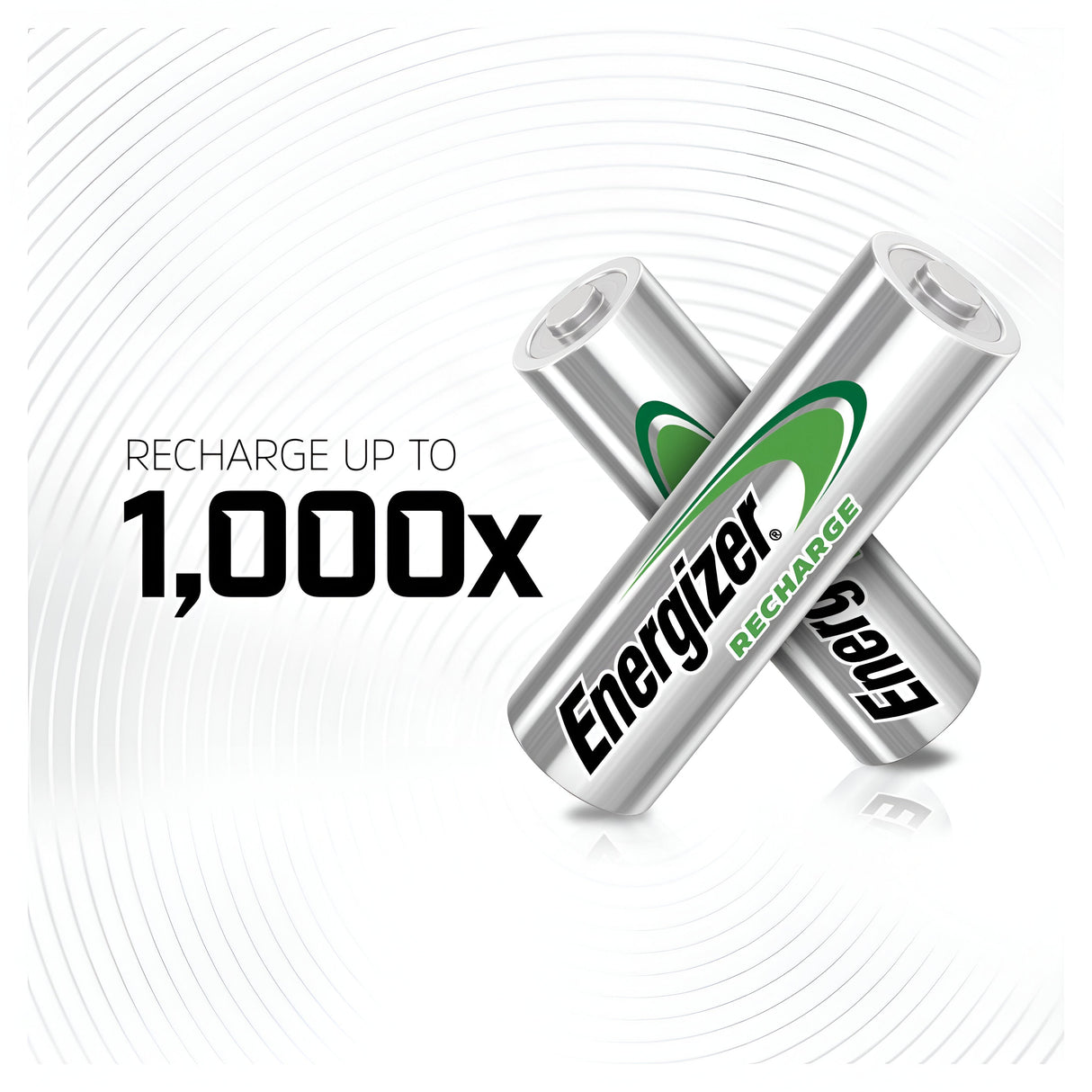 The image displays two intersecting Energizer Power Plus AA HR6 Rechargeable Batteries 2000mAh against a light backdrop adorned with concentric circles. Bold black text announces their capability to recharge up to 1,000 times, highlighting their design for unparalleled reliability and endurance.