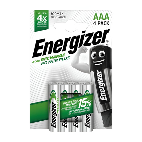 Package of Energizer Power Plus AAA HR03 Rechargeable Batteries 700mAh (4 Pack), containing four pre-charged, rechargeable batteries. The label emphasizes the eco-friendly Recharge Power Plus, made with 15% recycled materials and boasting a lifespan up to four times longer. A cheerful battery-shaped mascot adorns the side.