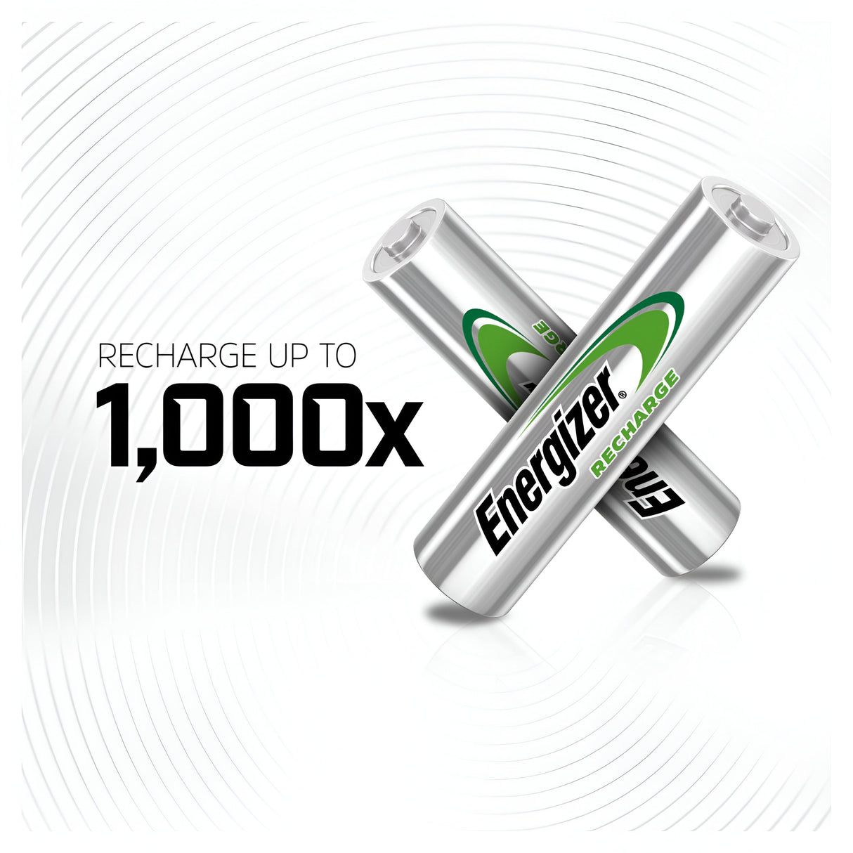 Two Energizer Power Plus AAA HR03 rechargeable batteries, part of a 4 pack with 700mAh capacity, are crossed against a white background with circular patterns. The text on the left reads "Recharge up to 1,000x," emphasizing their eco-friendly alternative for powering devices.