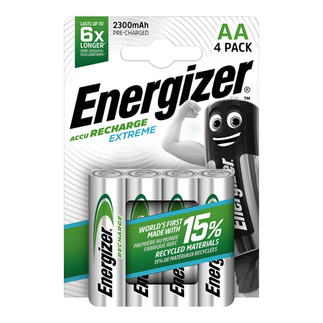 Pack of four Energizer Extreme AA HR6 rechargeable batteries with a 2300mAh capacity. Perfect for high-demand equipment, the packaging emphasizes the use of 15% recycled materials and claims to last up to six times longer. It features a smiling battery character on the right.