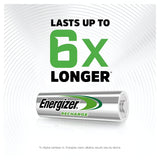 The image features Energizer Extreme AA HR6 Rechargeable Batteries 2300mAh (4 Pack) with the text "LASTS UP TO 6x LONGER" above. Designed for high-demand devices, it has a gray swirling pattern in the background. At the bottom, small text compares its performance in digital cameras to basic alkaline Energizer batteries.