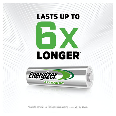 The image features Energizer Extreme AA HR6 Rechargeable Batteries 2300mAh (4 Pack) with the text "LASTS UP TO 6x LONGER" above. Designed for high-demand devices, it has a gray swirling pattern in the background. At the bottom, small text compares its performance in digital cameras to basic alkaline Energizer batteries.