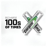 The Energizer Extreme AA HR6 Rechargeable Batteries 2300mAh (4 Pack) are showcased with the phrase "Recharge 100s of Times." The background, featuring concentric circles, conveys energy and power, making it perfect for high-demand devices.