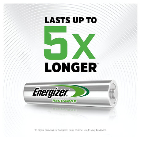 Image of an Energizer Extreme AAA HR03 Rechargeable Battery on a white background with green text stating Lasts up to 5x longer. Ideal for high-drain devices, this eco-friendly rechargeable battery surpasses basic alkaline batteries in digital cameras.