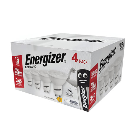 Pack of Energizer 3.6W GU10 dimmable LED bulbs, offering energy-efficient lighting with four bulbs in total. The packaging highlights 345 lumens, equivalent to a 50W bulb, and emits a cool white light at 4000K, boasting an impressive lifespan of up to 15 years. A charming character mascot is featured on the side for added appeal.