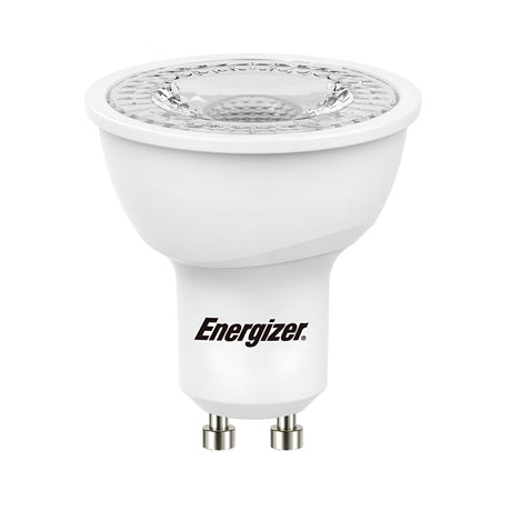 The Energizer 3.6W GU10 Dimmable LED Bulb in Cool White (4000K) displays its detailed internal design through a transparent top. With the black Energizer branding, this stylish and energy-efficient lighting solution illuminates any space beautifully.