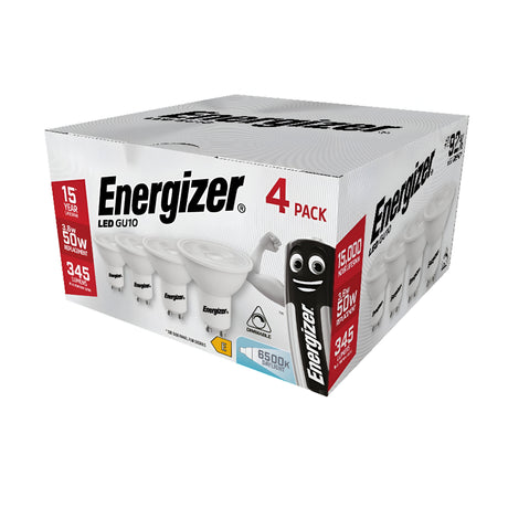 Box of energy-saving Energizer 3.6W GU10 Dimmable LED Bulbs - Daylight, 6500K. This 4-pack offers a daylight brightness with features like a 15,000-hour lifespan, replaces a 50W bulb, and provides 345 lumens. The packaging highlights the bulbs alongside an animated mascot.