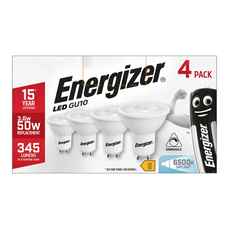 Packaging for Energizer 3.6W GU10 Dimmable LED bulbs, featuring four bulbs lined up with details highlighting a 15-year lifespan and an energy-efficient design that uses 3.6W to replace traditional 50W bulbs, offering 345 lumens of daylight brightness at 6500K. An illustrated battery character is prominently displayed on the right side.