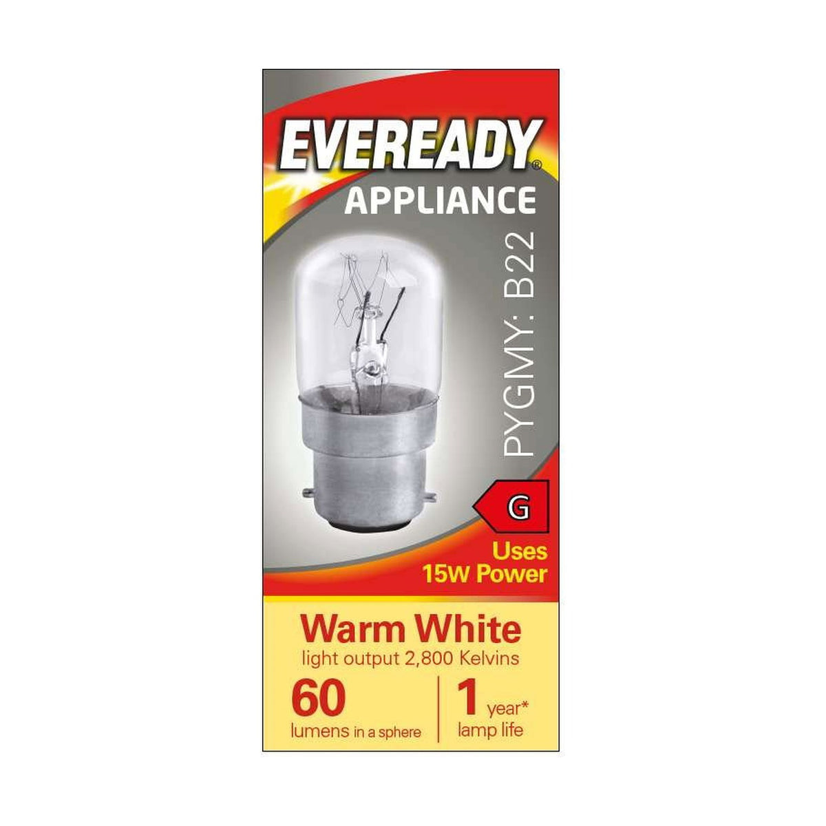 B22 (BC) Pygmy Appliance Bulb 15W 60lm - Warm White 2800K retail pack