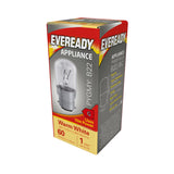 The Eveready 15W Non-Dimmable Pygmy Bulb - Warm White, B22, 2800K box highlights a B22 bayonet cap bulb emitting warm white light at 2800 kelvins. The packaging is designed in red, yellow, and gray colors, featuring an image of the bulb along with detailed specifications on the sides.