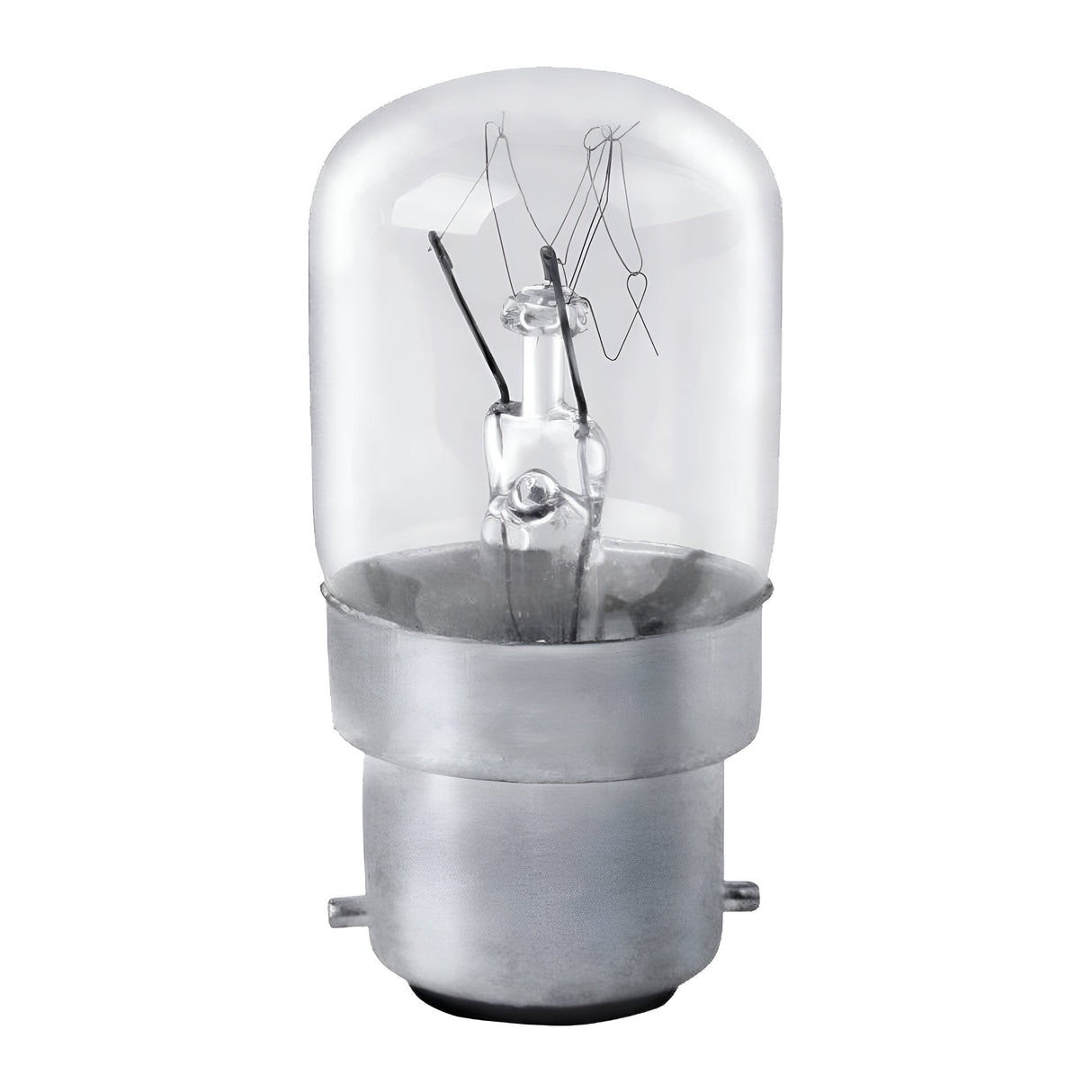 A close-up of an Eveready 15W Non-Dimmable Pygmy Bulb in warm white, featuring a clear glass enclosure atop a cylindrical silver B22 base. Delicate filament wires are visible within the transparent bulb, isolated against a white background.