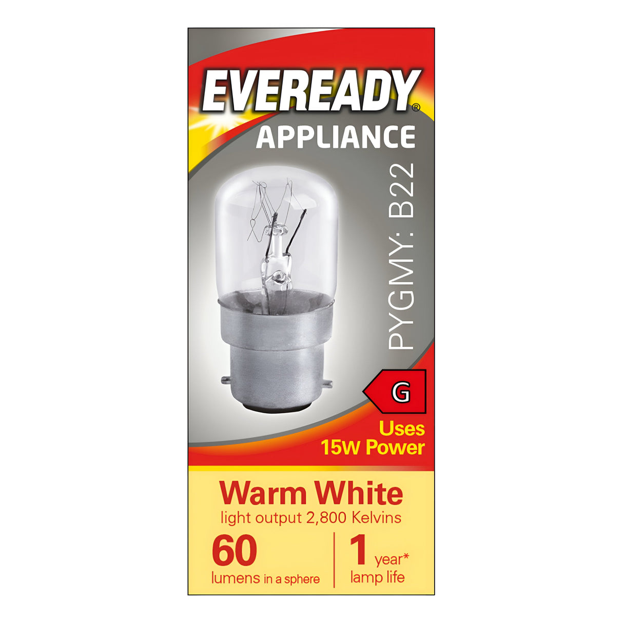 The Eveready 15W Non-Dimmable Pygmy Bulb - Warm White, B22, 2800K showcases its B22 Bayonet Cap design and highlights its warm white light output at 2800 Kelvins. Consuming only 15W to produce 60 lumens, this bulb offers dependable appliance lighting with a lifespan of one year.