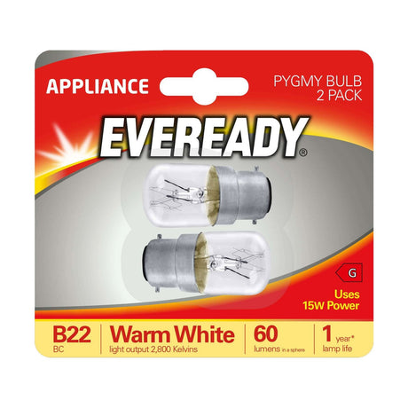B22 (BC) Pygmy Bulb 15W 60lm - Warm White 2800K, 2 Pack retail pack