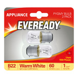 The Eveready 15W Non-Dimmable Pygmy Bulb (2 Pack) offers a warm white light at 3000 Kelvin with a B22 base. Each bulb provides 60 lumens of brightness and boasts a lamp life of one year, packaged in striking red and white packaging.