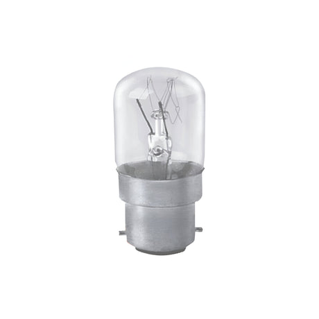 A close-up view of an Eveready 15W Non-Dimmable Pygmy Bulb from the 2 pack, featuring a clear glass design with a metal B22 base and visible filament, emitting a warm white glow at 3000K against a white background.