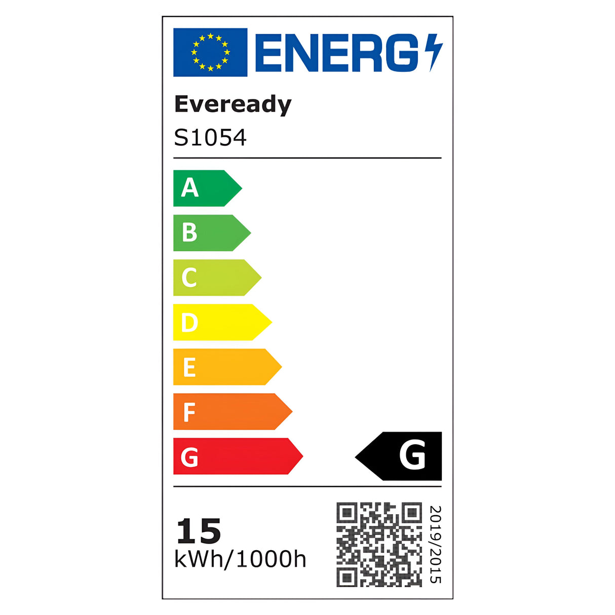 Energy label for Eveready 15W Non-Dimmable Pygmy Bulb - Warm White, B22, 3000K (2 Pack): Rated G on the efficiency scale from A to G. Energy consumption is 15 kWh/1000h. Features a warm white glow, B22 base, includes a QR code and the year 2019/2025.