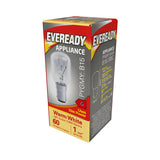 The Eveready 15W Non-Dimmable Pygmy Bulb with a B15 small bayonet cap is packaged in a red and yellow box. This bulb, which provides warm white light, offers 3000 Kelvins and has a lifespan of one year.