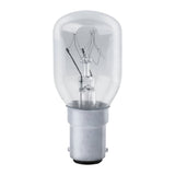 A warm white incandescent light bulb with visible filaments is set against a plain white background. The bottom features a silver metallic base suited for appliance lighting, reminiscent of the Eveready 15W Non-Dimmable Pygmy Bulb with its B15 small bayonet cap and 3000K color temperature.