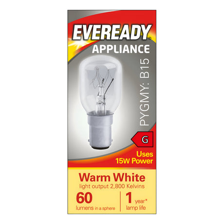 The Eveready 15W Non-Dimmable Pygmy Bulb, featuring a B15 small bayonet cap, emits warm white light at 3000 Kelvins and provides 60 lumens. It has a lifespan of one year and includes the letter G for easy identification in appliance lighting.